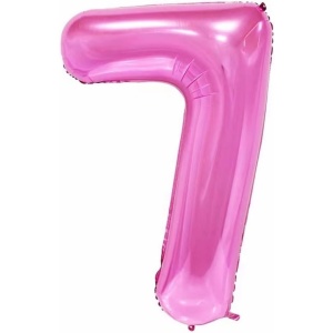 Balon din Folie Metalizata Flippy, Figurina Cifra si Coroana, Tema Aniversare 100 cm, Ambalaj Individual, Pai inclus, Umflare cu Aer sau Heliu, Roz, Cifra 7 - Img 3