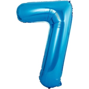 Balon din Folie Metalizata Flippy, Figurina Cifra si Coroana, Tema Aniversare 100 cm, Ambalaj Individual, Pai inclus, Umflare cu Aer sau Heliu, Albastru, Cifra 7 - Img 2