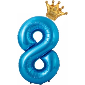 Balon din Folie Metalizata Flippy, Figurina Cifra si Coroana, Tema Aniversare 100 cm, Ambalaj Individual, Pai inclus, Umflare cu Aer sau Heliu, Albastru, Cifra 8 - Img 1