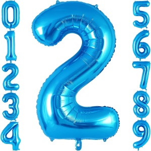 Balon din Folie Metalizata, Flippy, Figurina Cifra, Tema Aniversare 100 cm, Ambalaj Individual, Pai inclus, Umflare cu Aer sau Heliu, Albastru, Cifra 2 - Img 2