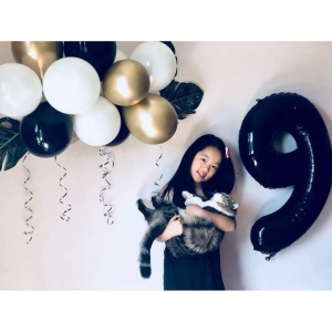 Balon din Folie Metalizata, Flippy, Figurina Cifra, Tema Aniversare 100 cm, Ambalaj Individual, Pai inclus, Umflare cu Aer sau Heliu, Negru, Cifra 9 - Img 3