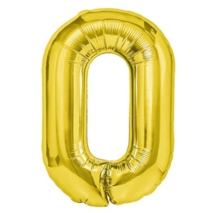 Balon din Folie Metalizata Flippy, Figurina Cifra, Tema Aniversare 100 cm, Ambalaj Individual, Pai inclus, Umflare cu Aer sau Heliu, Auriu, Cifra 0 - Img 1