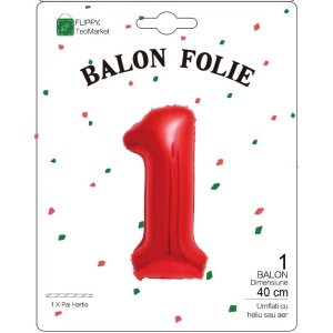 Balon din Folie Metalizata Flippy, Figurina Cifra, Tema Aniversare 40 cm, Ambalaj Individual, Pai inclus, Umflare cu Aer sau Heliu, Rosu, Cifra 1 - Img 2