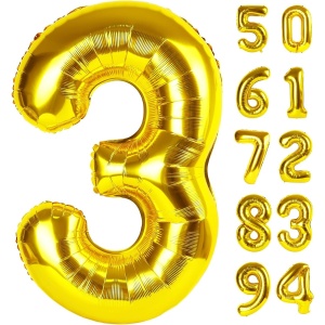 Balon din Folie Metalizata Flippy, Figurina Cifra, Tema Aniversare 40 cm, Ambalaj Individual, Pai inclus, Umflare cu Aer sau Heliu, Auriu, Cifra 3 - Img 6