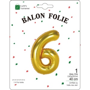 Balon din Folie Metalizata Flippy, Figurina Cifra, Tema Aniversare 40 cm, Ambalaj Individual, Pai inclus, Umflare cu Aer sau Heliu, Auriu, Cifra 6 - Img 2