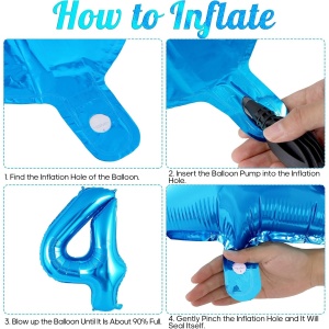 Balon din Folie Metalizata Flippy, Figurina Cifra, Tema Aniversare 40 cm, Ambalaj Individual, Pai inclus, Umflare cu Aer sau Heliu, Albastru, Cifra 4 - Img 2