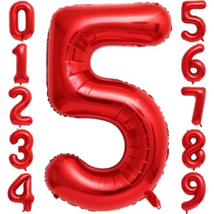 Balon din Folie Metalizata Flippy, Figurina Cifra, Tema Aniversare 80 cm, Ambalaj Individual, Pai inclus, Umflare cu Aer sau Heliu, Rosu, Cifra 5 - Img 3