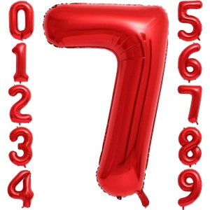 Balon din Folie Metalizata Flippy, Figurina Cifra, Tema Aniversare 80 cm, Ambalaj Individual, Pai inclus, Umflare cu Aer sau Heliu, Rosu, Cifra 7 - Img 10