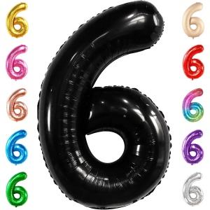 Balon din Folie Metalizata, Flippy, Figurina Cifra, Tema Aniversare 80 cm, Ambalaj Individual, Pai inclus, Umflare cu Aer sau Heliu, Negru, Cifra 6 - Img 8