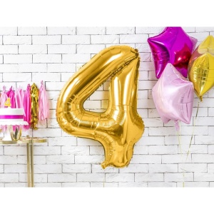 Balon din Folie Metalizata Flippy, Figurina Cifra, Tema Aniversare 80 cm, Ambalaj Individual, Pai inclus, Umflare cu Aer sau Heliu, Auriu, Cifra 4 - Img 3