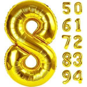Balon din Folie Metalizata Flippy, Figurina Cifra, Tema Aniversare 80 cm, Ambalaj Individual, Pai inclus, Umflare cu Aer sau Heliu, Auriu, Cifra 8 - Img 7