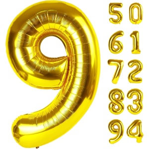 Balon din Folie Metalizata Flippy, Figurina Cifra, Tema Aniversare 80 cm, Ambalaj Individual, Pai inclus, Umflare cu Aer sau Heliu, Auriu, Cifra 9 - Img 9