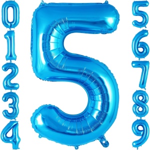 Balon din Folie Metalizata, Flippy, Figurina Cifra, Tema Aniversare 80 cm, Ambalaj Individual, Pai inclus, Umflare cu Aer sau Heliu, Albastru, Cifra 5 - Img 7