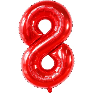 Balon din Folie Metalizata Flippy, Figurina Cifra, Tema Aniversare 80 cm, Ambalaj Individual, Pai inclus, Umflare cu Aer sau Heliu, Rosu, Cifra 8 - Img 1