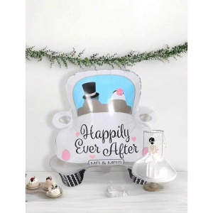 Balon din Folie Metalizata, Flippy, Figurina Masina, Model Nunta Happily Ever After, Tema Nunta, 60 x 63 cm, Ambalaj Individual, Pai Inclus, Umflare cu Aer sau Heliu, Alb - Img 6