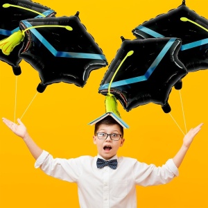 Balon din Folie Metalizata, Flippy, Figurina, Model Toca Congrats Grad, Tematica Absolvire, 56x70 cm, Ambalaj Individual, Pai Inclus, Umflare cu Aer sau Heliu, Negru-Albastru - Img 5