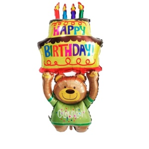 Balon din Folie Metalizata, Flippy, Figurine Animalute, Model Ursulet cu Tort Aniversar, 124x65 cm, Ambalaj Individual, Pai Inclus, Umflare cu Aer sau Heliu, Multicolor - Img 1