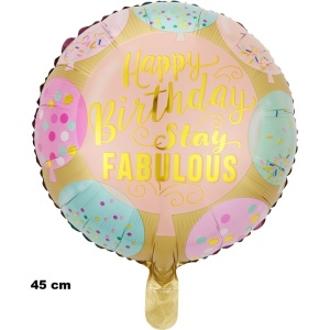 Balon din Folie Metalizata, Flippy, Mini Figurina Rotunda, Model Happy Birthday Stay Fabulous, Tematica Aniversare, 45 cm, Ambalaj Individual, Pai Inclus, Umflare cu Aer sau Heliu, Multicolor - Img 2