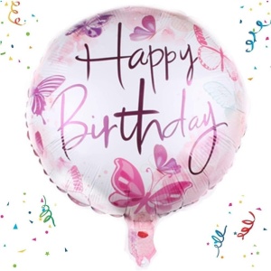 Balon din Folie Metalizata, Flippy, Mini Figurina Rotunda, Model Happy Birthday Fluturasi, Tema Aniversare, 45 cm, Ambalaj Individual, Pai inclus, Umflare cu Aer sau Heliu, Roz - Img 2