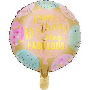 Balon din Folie Metalizata, Flippy, Mini Figurina Rotunda, Model Happy Birthday Stay Fabulous, Tematica Aniversare, 45 cm, Ambalaj Individual, Pai Inclus, Umflare cu Aer sau Heliu, Multicolor - Img 1