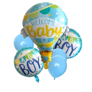 Balon din Folie Metalizata, Flippy, Mini Figurine, Model Balon cu Aer Cald Baietel, Tematica Welcome Baby, 80x62 cm, Ambalaj Individual, Pai Inclus, Umflare cu Aer sau Heliu, Albastru - Img 4