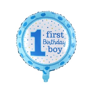 Balon din Folie Metalizata, Flippy, Prima Aniversare, Model First Birthday Boy, 45 cm, Ambalaj Individual, Pai Inclus, Umflare cu Aer sau Heliu, Albastru - Img 1