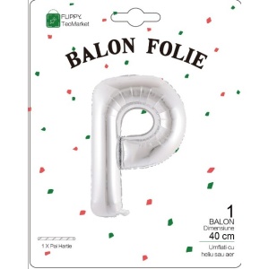 Balon Folie Metalizata Litera P, Flippy, 40 cm, Umflati cu Heliu sau Aer, Ambalaj Individual, Pai inclus, Argintiu - Img 2