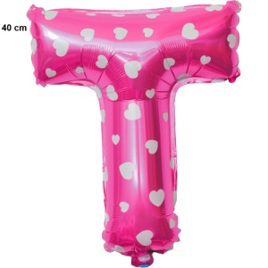 Balon Folie Metalizata Litera T, Flippy, 40 cm, Cu Imprimeu Inimioare, Umflati cu Heliu sau Aer, Ambalaj Individual, Pai inclus, Roz - Img 2