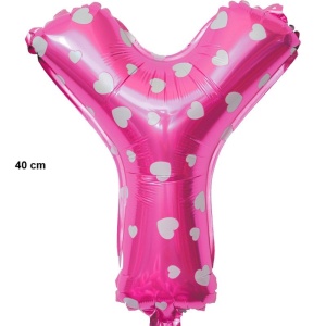 Balon Folie Metalizata Litera Y, Flippy, 40 cm, Cu Imprimeu Inimioare, Umflati cu Heliu sau Aer, Ambalaj Individual, Pai inclus, Roz - Img 2