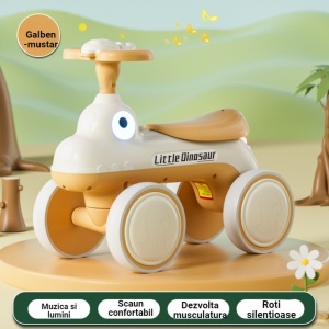 Bicicleta Pentru Copii, Flippy, Fara Pedale, Cu Patru Roti, Din Plastic Rezistent, Fara BPA, Cu Muzica Si Lumini, Model Dinozaur, 50x27x40 Cm, Galben-Mustar - Img 2