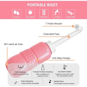 Bideu Portabil pentru Igiena Intima, Flippy, pentru Postpartum/ Postoperator, 450 mL, cu Capac si Husa Galbena, 29.5x7 cm, Culoare Recipient Roz - Img 7