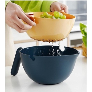 Bol cu Doua Straturi, Flippy, pentru Fructe, Legume, cu Cos de Scurgere a Apei, 2L, din ABS+PP, 29.9 x 22.5 x 11.8 cm, Albastru-Portocaliu - Img 3