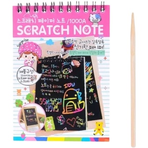 Caiet cu fise razuibile Flippy, DIY Magic Scratch, 12 File, Curcubeu, Creion din Lemn, Cartonase negre, 14.5 x 10 cm, roz - Img 1