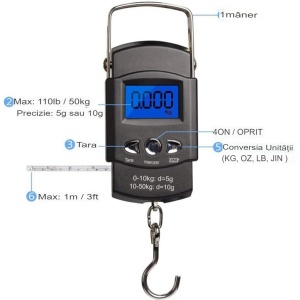 Cantar Digital de Mana cu Carlig, Flippy, Cantar Portabil, Pescuit, cu Maner, Capacitate 50 kg, cu Metru Incorporat, 20.5 x 6 x 2.5 cm, Negru - Img 3