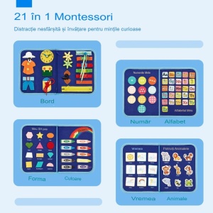 Carte Senzoriala Educativa Montessori, Flippy, Dezvoltare Abilitati Motorii, 5 Pagini, Model Dinozauri, 28x22x7 cm, Albastru - Img 4