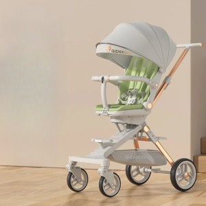 Carucior Sport Flippy 3in1, 6-36 Luni, Pliabil, Tavita pentru Masa, Pat de Dormit, Centura de Siguranta, Roti 360 Grade, Reversibil, Parasolar, Maner Reglabil, 64 x 35 x 100 cm, Gri/Verde - Img 3