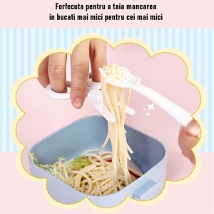 Caserola pentru copii Flippy, lunch box, 750 ml, doua boluri, lingura, foarfeca din plastic, rezistenta la scurgeri, Albastra - Img 5
