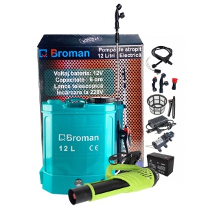 *Cel mai bun pret* Pompa de stropit cu acumulator Broman 12 L, 12 V, 2.4 MPA, timp functionare 6 ore+ Atomizor 80 W