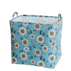 Cos depozitare, Flippy, Capac cu Snur, 175 L, Confectionat din Bumbac si un Strat Impermeabil, 50x50x70 cm, Albastru Deschis, Imprimeu Flori - Img 2