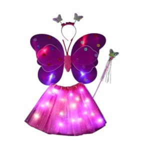 Costum Fluturas cu Aripi Modelabile Luminoase pentru Copii, Flippy, Fusta din Tul cu Lumini, Bagheta si Bentita, 4 piese, Pentru Halloween, Roleplay, Craciun, Carnaval, Paste, Ziua Copilului, Bumbac/Poliester, Marime universala, Roz-Rosu - Img 1