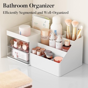 Cutie de Depozitare pentru Birou, Flippy, Pentru Makeup, Papetarie, Organizator Cosmetice, 2 Sertare si Compartimente Multiple, Model Iepuras, Plastic, 27.5x15.5x12 cm, Alb - Img 6