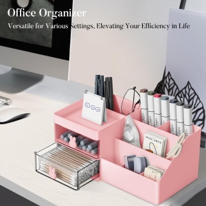 Cutie de Depozitare pentru Birou, Flippy, Pentru Makeup, Papetarie, Organizator Cosmetice, 2 Sertare si Compartimente Multiple, Model Iepuras, Plastic, 27.5x15.5x12 cm, Roz - Img 6