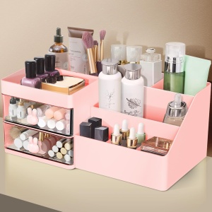 Cutie de Depozitare pentru Birou, Flippy, Pentru Makeup, Papetarie, Organizator Cosmetice, 2 Sertare si Compartimente Multiple, Model Iepuras, Plastic, 27.5x15.5x12 cm, Roz - Img 10