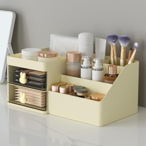 Cutie de Depozitare pentru Birou, Flippy, Pentru Makeup, Papetarie, Organizator Cosmetice, 2 Sertare si Compartimente Multiple, Model Iepuras, Plastic, 27.5x15.5x12 cm, Crem - Img 4