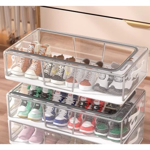 Cutie de Depozitare pentru Pantofi, Flippy, 60*30*21CM , din Plasa PVC Impermeabila si Cadru de Otel, Pliabila, Fermoar Bidirectional, Transparenta - Img 4