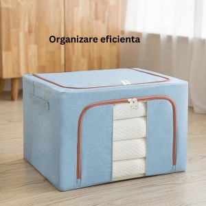 Cutie de Depozitare Pliabila, Flippy, 100 L, din Bumbac si In, 60x42x40 cm, 2 Ferestre, Frontala si Laterala, 2 Usi de Acces cu Fermoar Bidirectional, Cadru Metalic, Suport Baza Stabil din Plastic, Bleu - Img 6