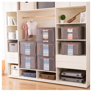 Cutie de Depozitare Pliabila, Flippy, 24 L, din Bumbac si In, 40x30x20 cm, 2 Ferestre, Frontala si Laterala, 2 Usi de Acces cu Fermoar Bidirectional, Cadru Metalic, Suport Baza Stabil din Plastic, Gri - Img 4