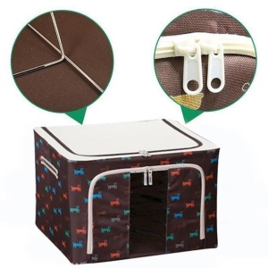 Cutie de Depozitare Pliabila, Flippy, 24 L, Panza Oxford, 40x30x20 cm, Fereastra Frontala, 2 Usi de Acces cu Fermoar Bidirectional, Cadru Metalic, Suport Baza Stabil din Plastic, Imprimeu Catelus, Maro/Bej - Img 4