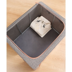 Cutie de Depozitare Pliabila, Flippy, 66 L, din Bumbac si In, 50x40x33 cm, Fereastra Frontala, 2 Usi de Acces cu Fermoar Bidirectional, Cadru Metalic, Suport Baza Stabil din Plastic, Gri - Img 10
