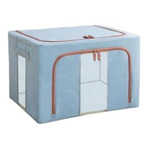 Cutie de Depozitare Pliabila, Flippy, 66 L, din Bumbac si In, 50x40x33 cm, 2 Ferestre, Frontala si Laterala, 2 Usi de Acces cu Fermoar Bidirectional, Cadru Metalic, Suport Baza Stabil din Plastic, Bleu - Img 3